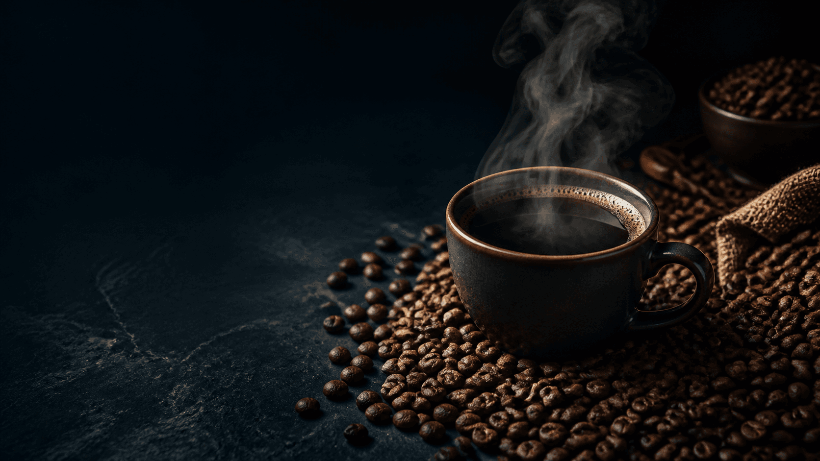Xícara de café sobre grãos torrados em uma cena escura e editorial