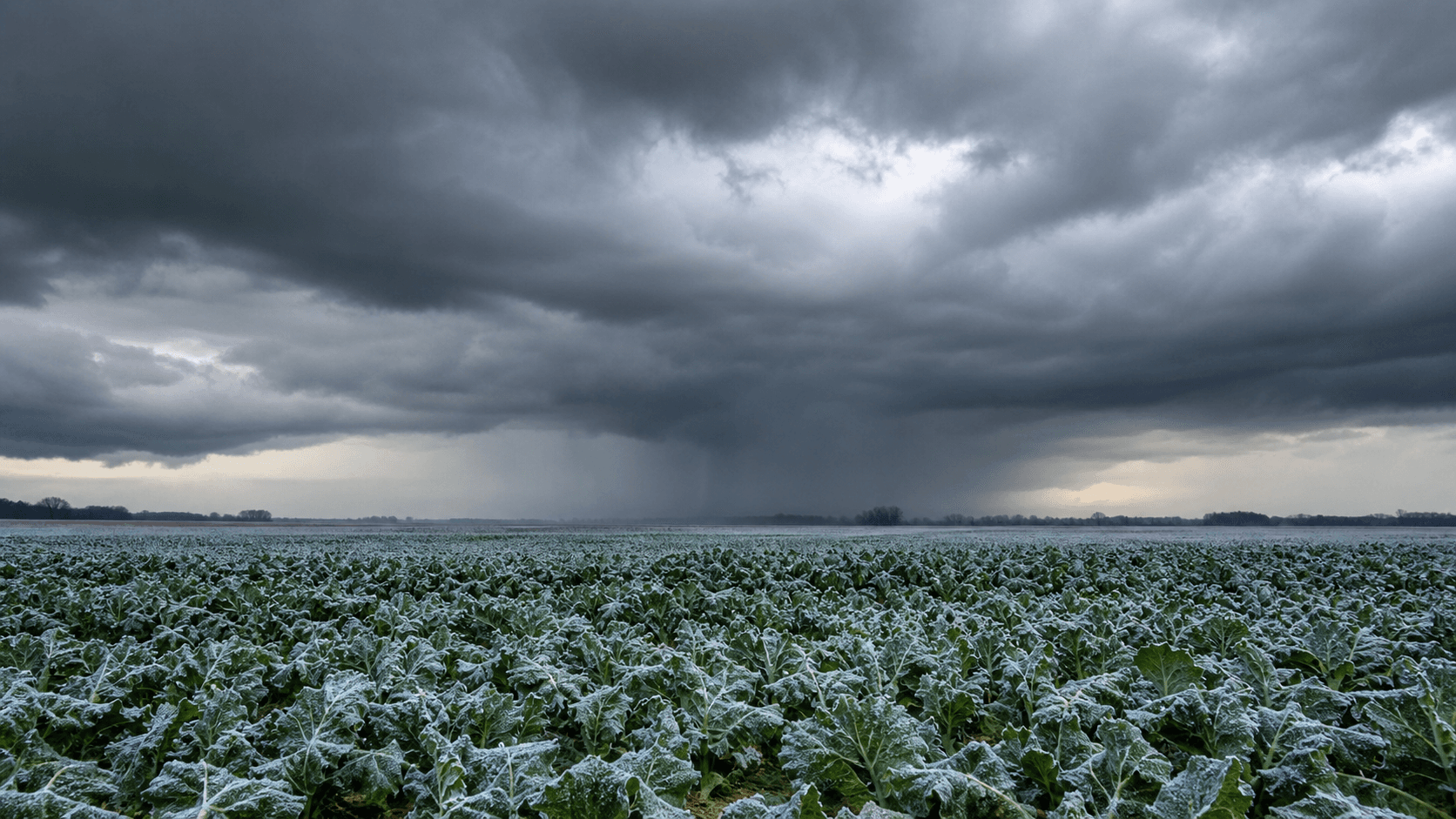 Plantação sob nuvens escuras e clima frio