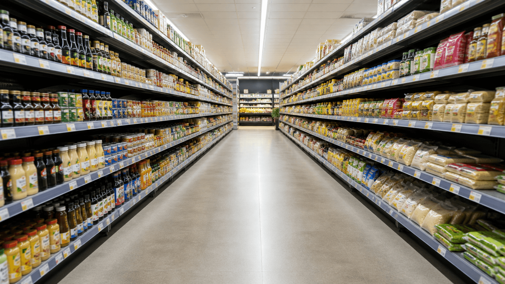 Corredor de supermercado com prateleiras abastecidas